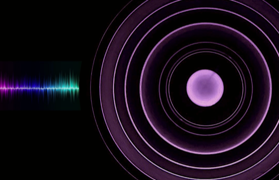 Graphic showing multi-colored sound wave and concentric rings