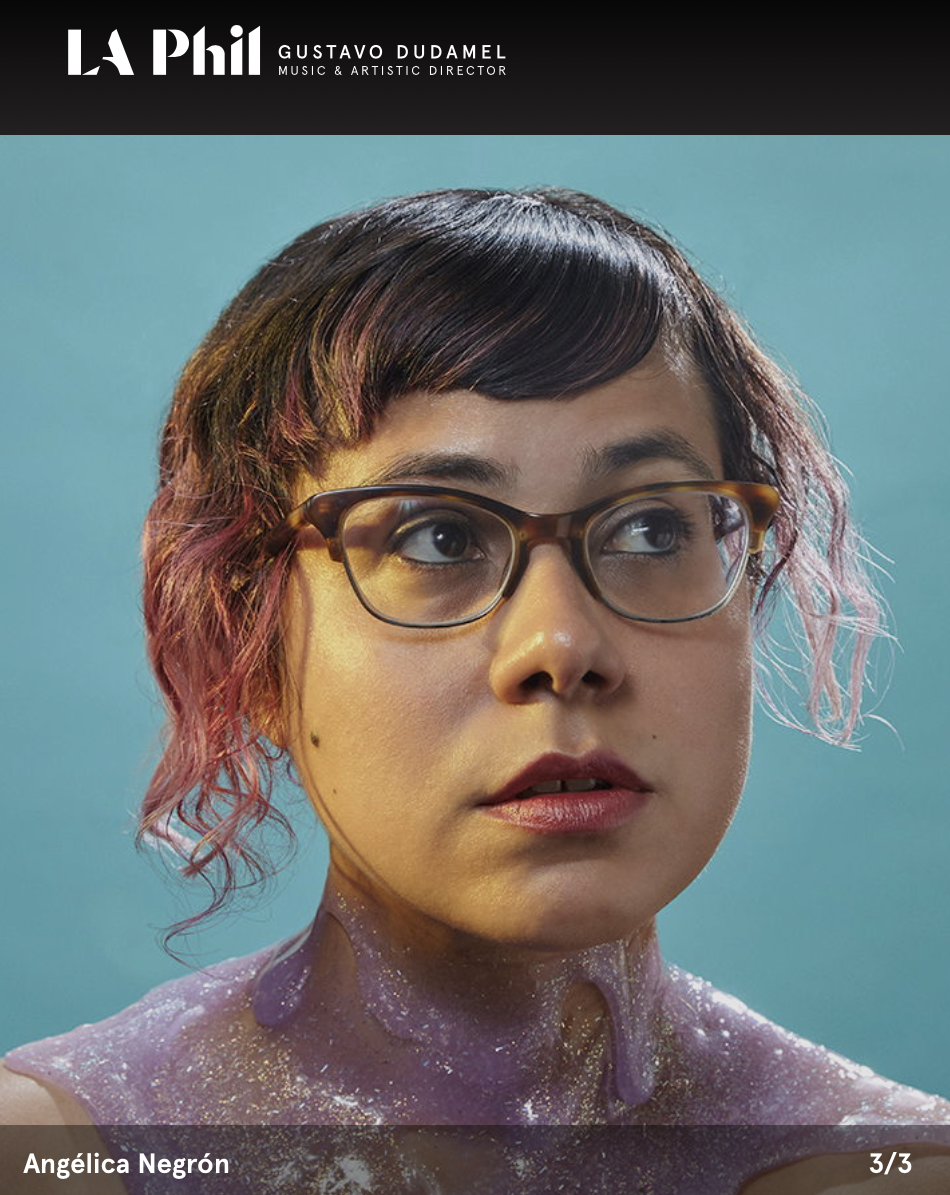 Power to the People promotional image. Angelica Negron headshot - young woman with pink tipped hair and glasses.