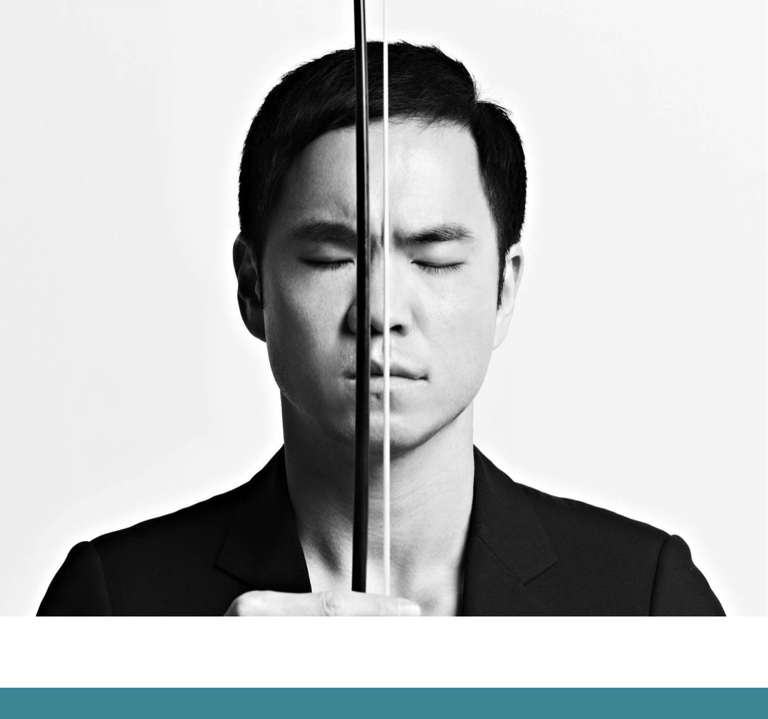 Point Counterpoint poster image of man holding violin bow in front of his face.