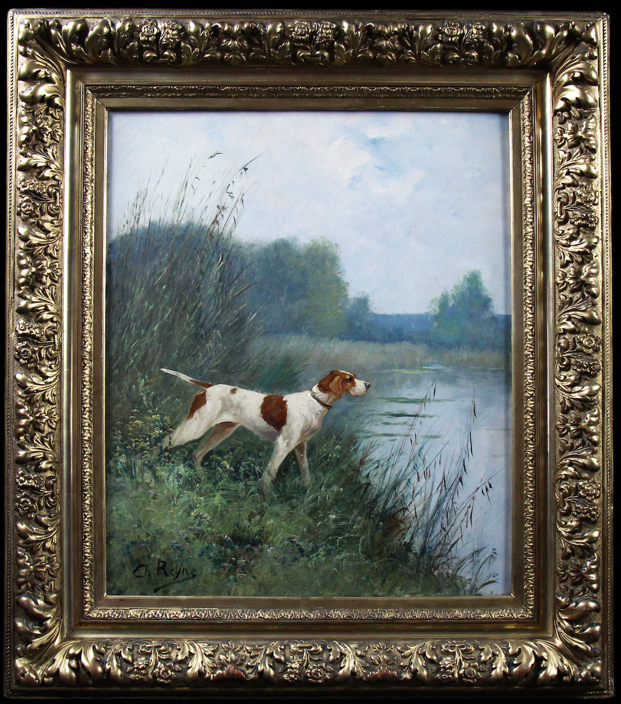 The Hunt promo image - painting of pointer dog in grass near stream